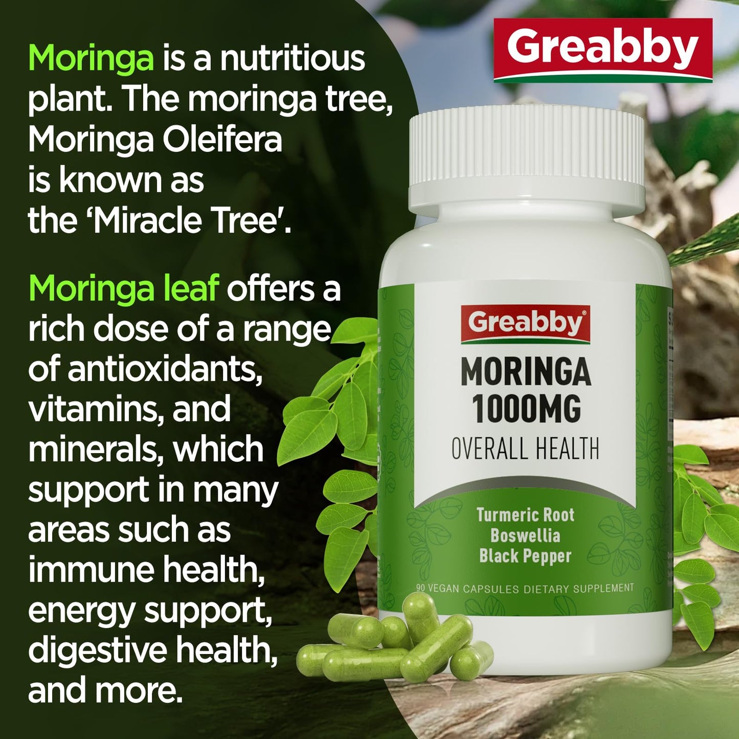GREABBY Moringa Capsules with Turmeric & Boswellia – Immune, Joint & Digestive Health, 90 Small Vegan Capsules
