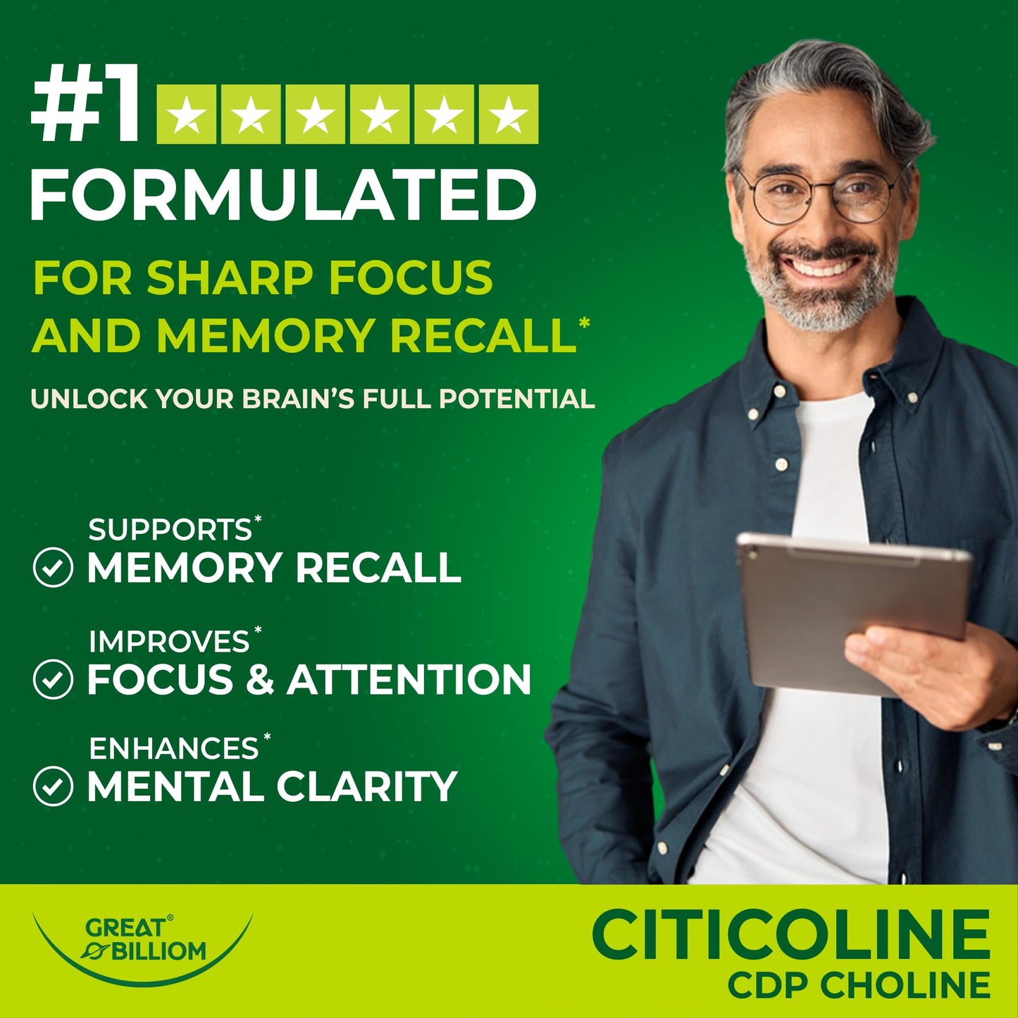 Great Billiom CDP Choline 1000mg - Nootropic Brain Support for Memory & Focus