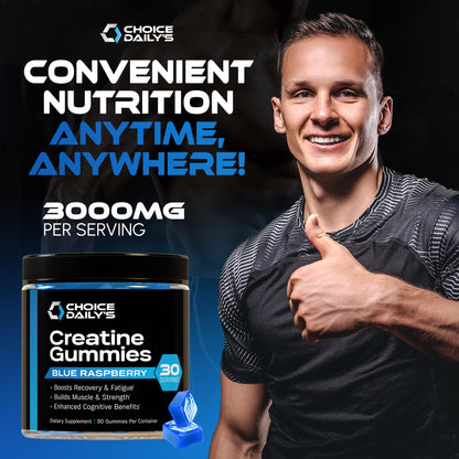 CHOICE DAILY’S Creatine Gummies - 90 Vegan Friendly Chews (Blue Raspberry) - USA Made - Muscle, Recovery & Cognitive Support