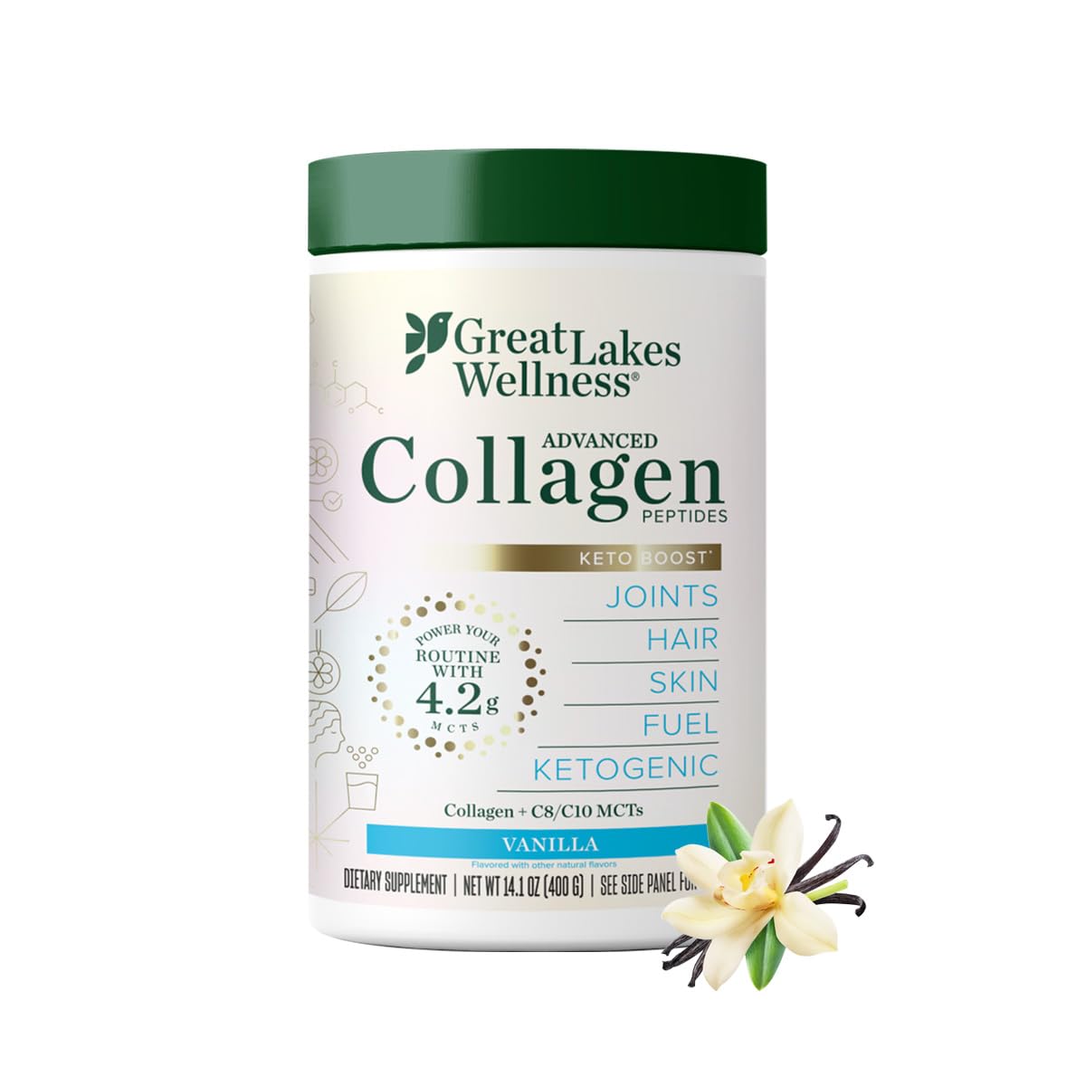Great Lakes Wellness Keto Boost Collagen Peptides Powder – Vanilla, 14.1 oz | 4.2g MCTs, Non-Dairy Coffee Creamer, Non-GMO, Kosher