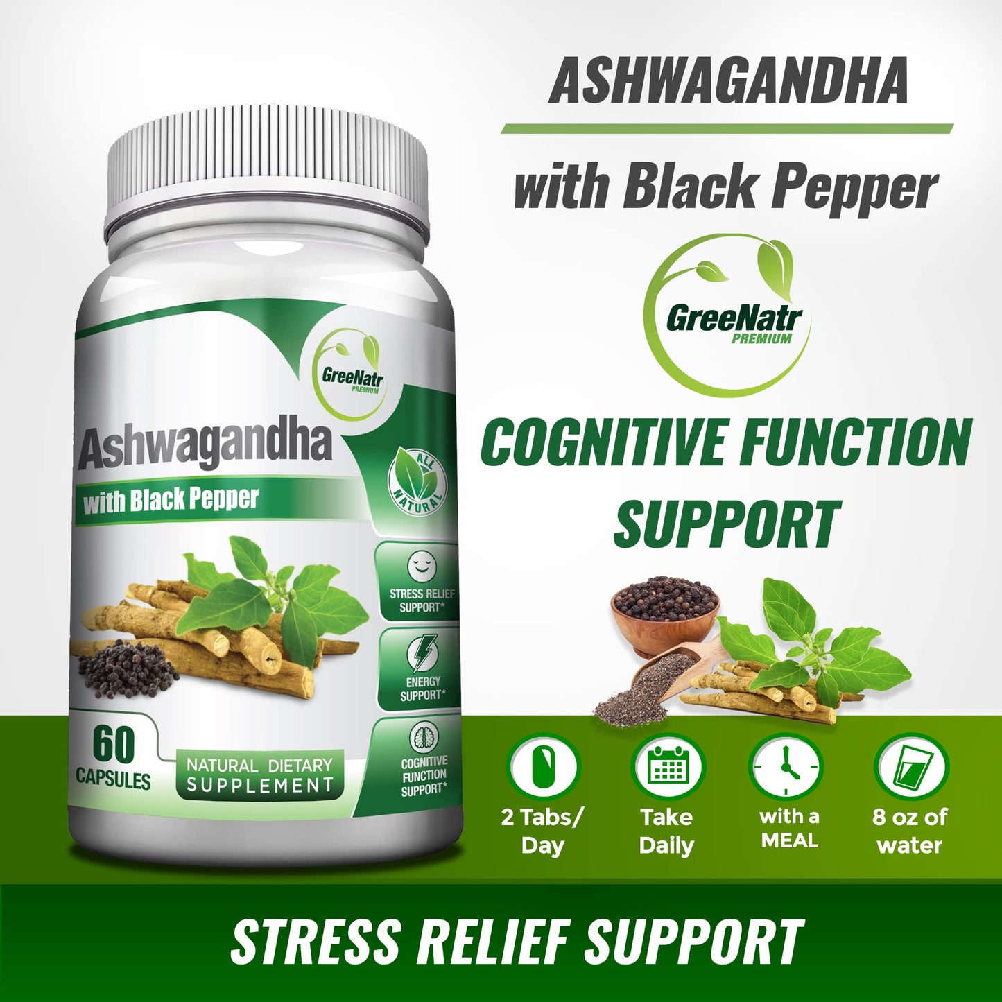 GreeNatr Organic Ashwagandha Capsules with Black Pepper for Enhanced Absorption - Mood Enhancer with Energy and Cognitive Function - 1300 mg Veggie Capsules (1 Bottle)