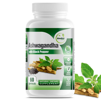 GreeNatr Organic Ashwagandha Capsules with Black Pepper for Enhanced Absorption - Mood Enhancer with Energy and Cognitive Function - 1300 mg Veggie Capsules (1 Bottle)