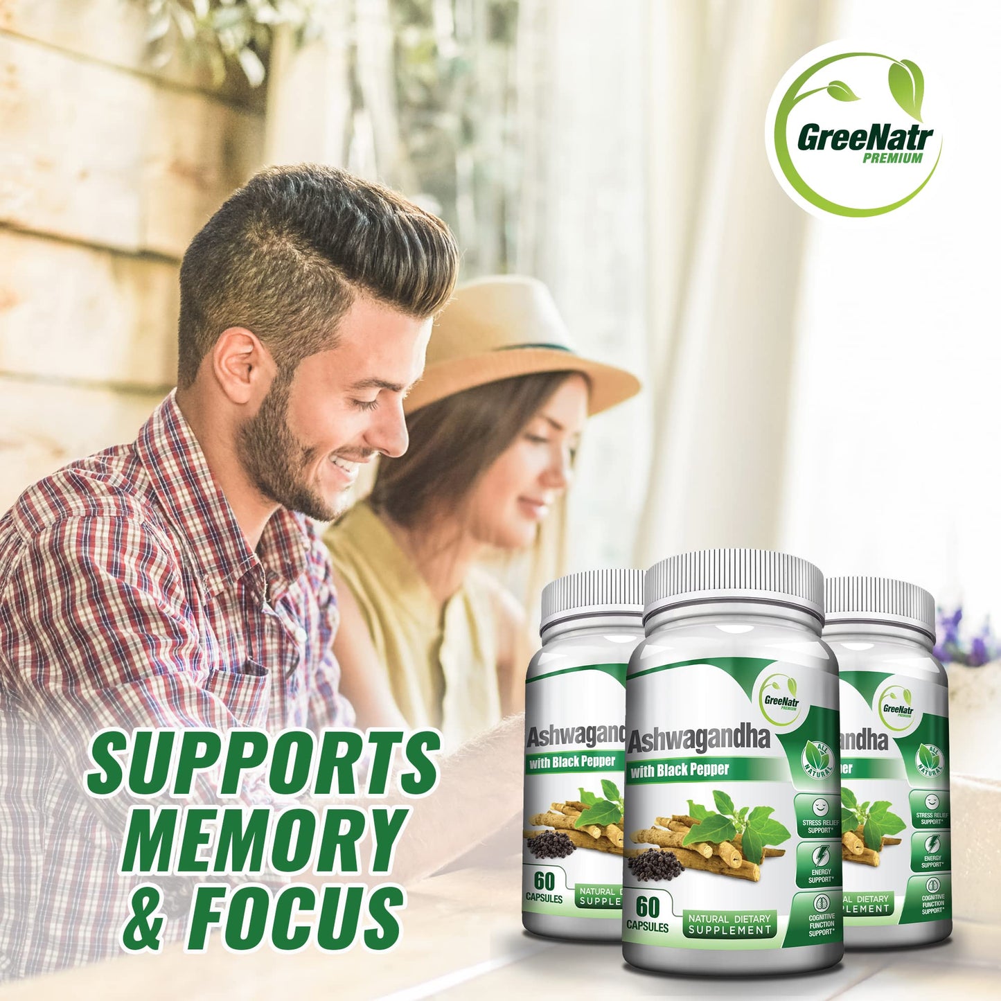 GreeNatr Organic Ashwagandha Capsules with Black Pepper for Enhanced Absorption - Mood Enhancer with Energy and Cognitive Function - 1300 mg Veggie Capsules (1 Bottle)