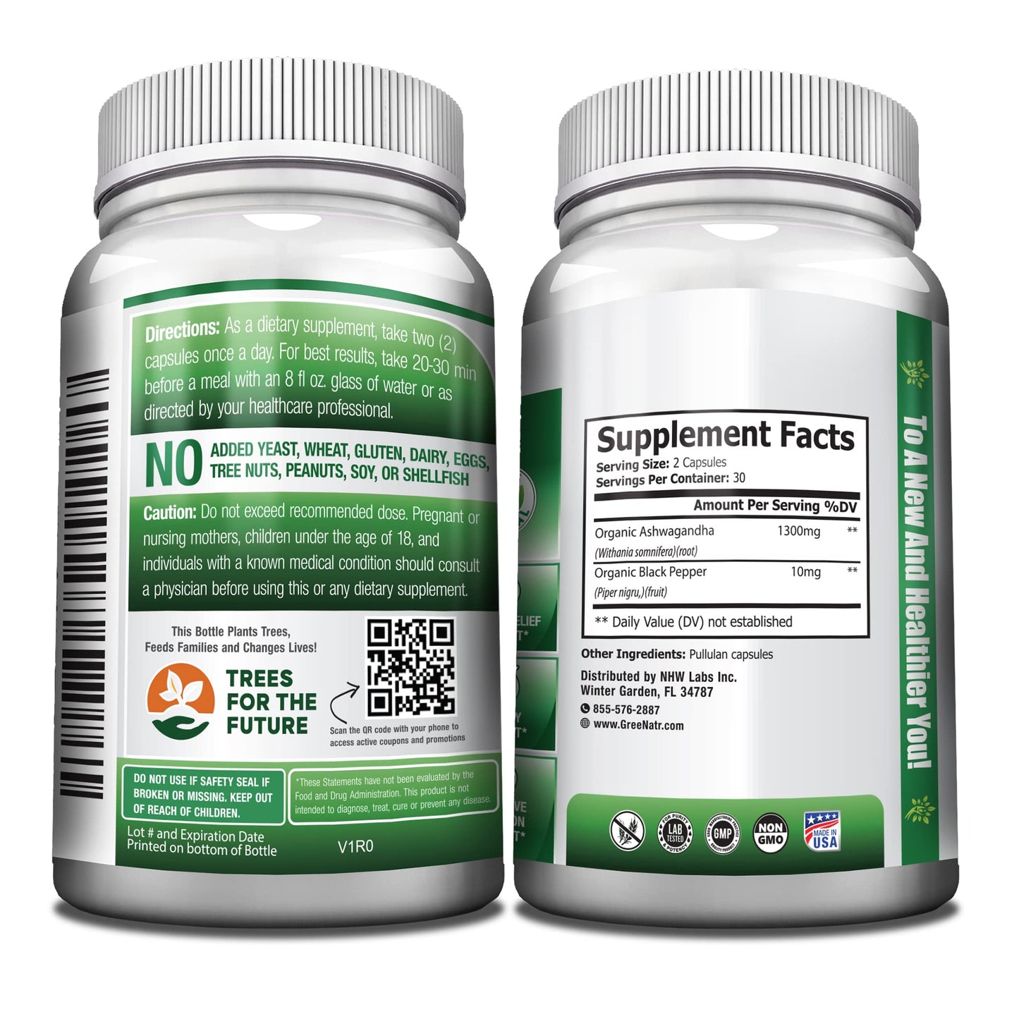 GreeNatr Organic Ashwagandha Capsules with Black Pepper for Enhanced Absorption - Mood Enhancer with Energy and Cognitive Function - 1300 mg Veggie Capsules (1 Bottle)