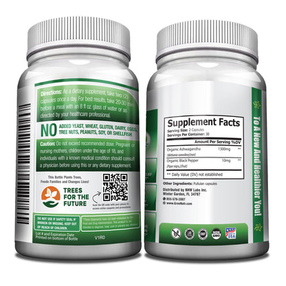 GreeNatr Organic Ashwagandha Capsules with Black Pepper for Enhanced Absorption - Mood Enhancer with Energy and Cognitive Function - 1300 mg Veggie Capsules (1 Bottle)