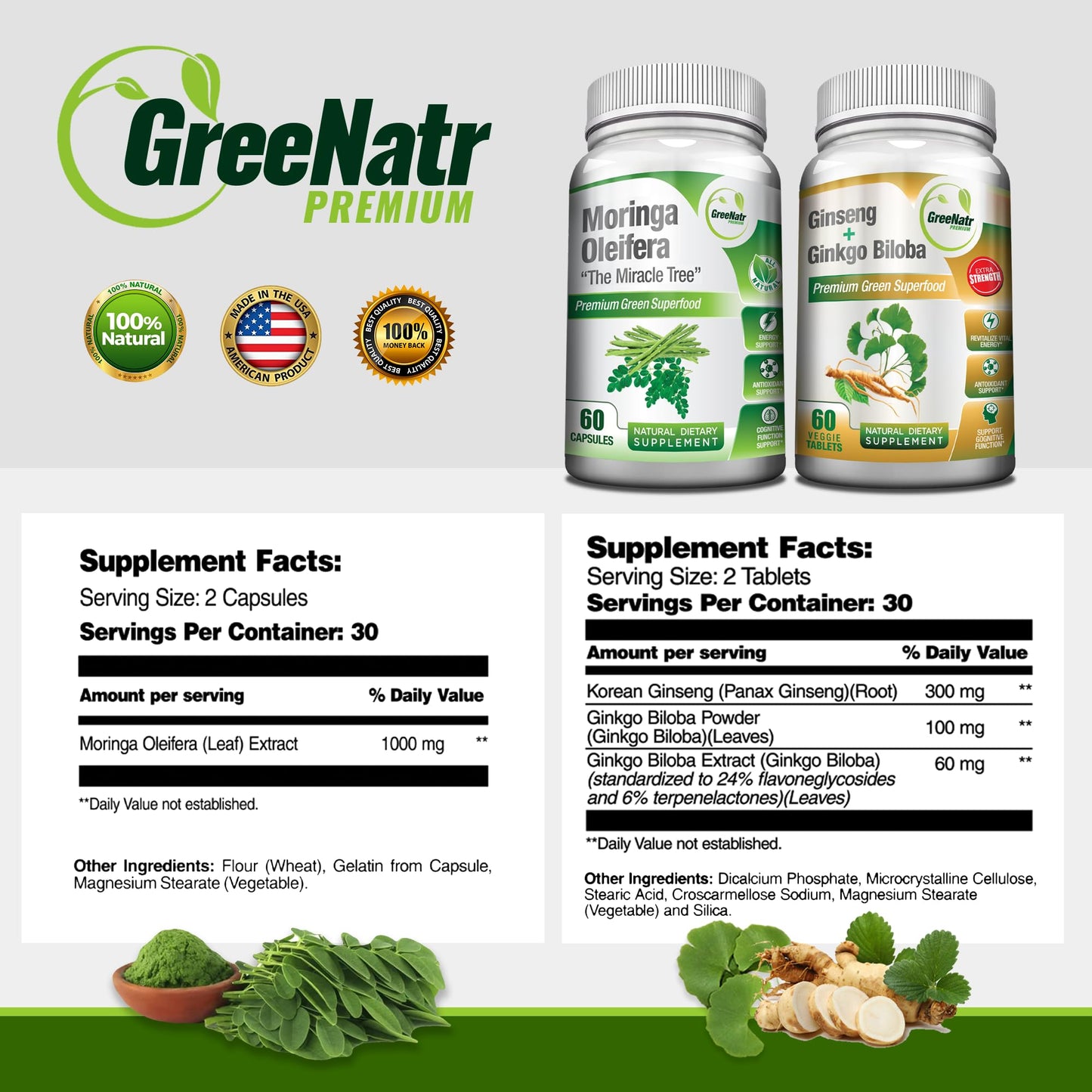 GreeNatr Ginkgo Biloba & Panax Ginseng Moringa Bundle – Immune & Energy