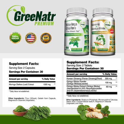 GreeNatr Ginkgo Biloba & Panax Ginseng Moringa Bundle – Immune & Energy