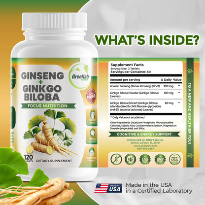 GreeNatr Ginkgo Biloba & Panax Ginseng – 120 Tablets | Brain Health