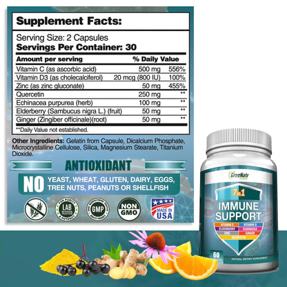 GreeNatr Immune Support – Vitamin C, D3, Zinc 50mg, Quercetin, Elderberry, Ginger, 60 Capsules