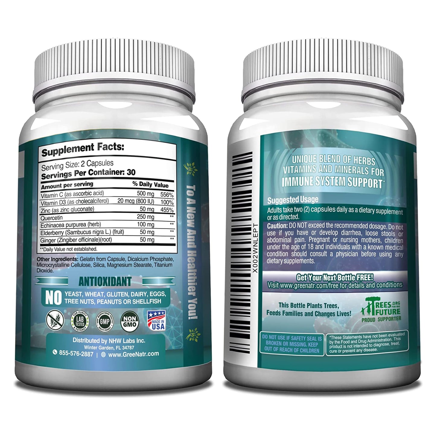 GreeNatr Immune Support – Vitamin C, D3, Zinc 50mg, Quercetin, Elderberry, Ginger, 60 Capsules