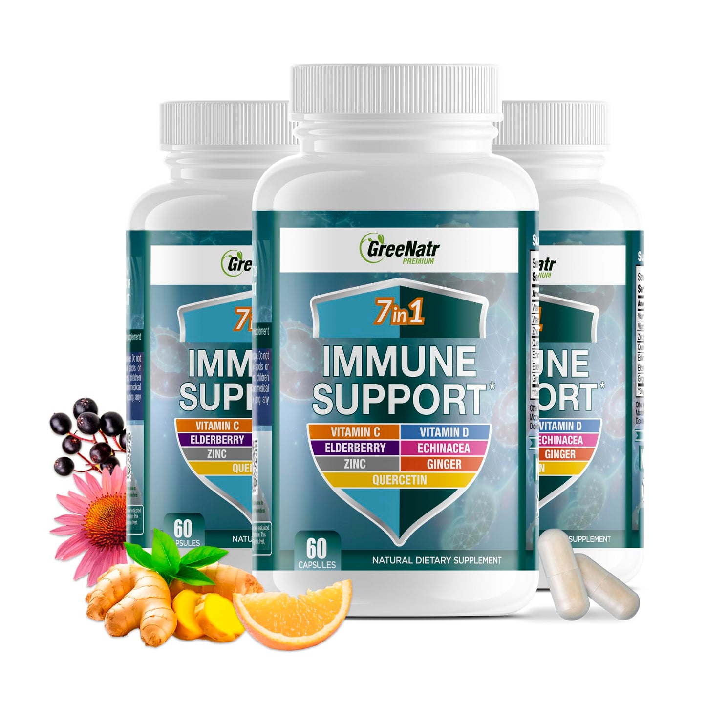 GreeNatr Immune Support – Vitamin C, D3, Zinc 50mg, Quercetin, Echinacea, Elderberry – 60 Capsules