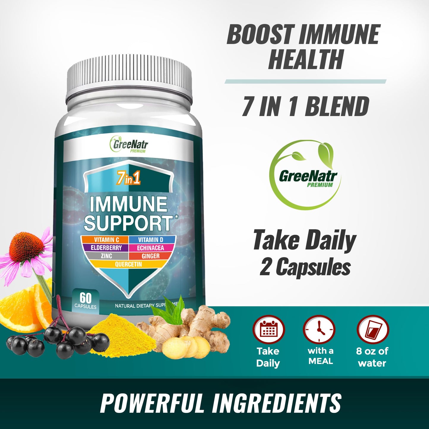 GreeNatr Immune Support – Vitamin C, D3, Zinc 50mg, Quercetin, Echinacea, Elderberry – 60 Capsules