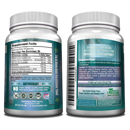 GreeNatr Immune Support – Vitamin C, D3, Zinc 50mg, Quercetin, Echinacea, Elderberry – 60 Capsules