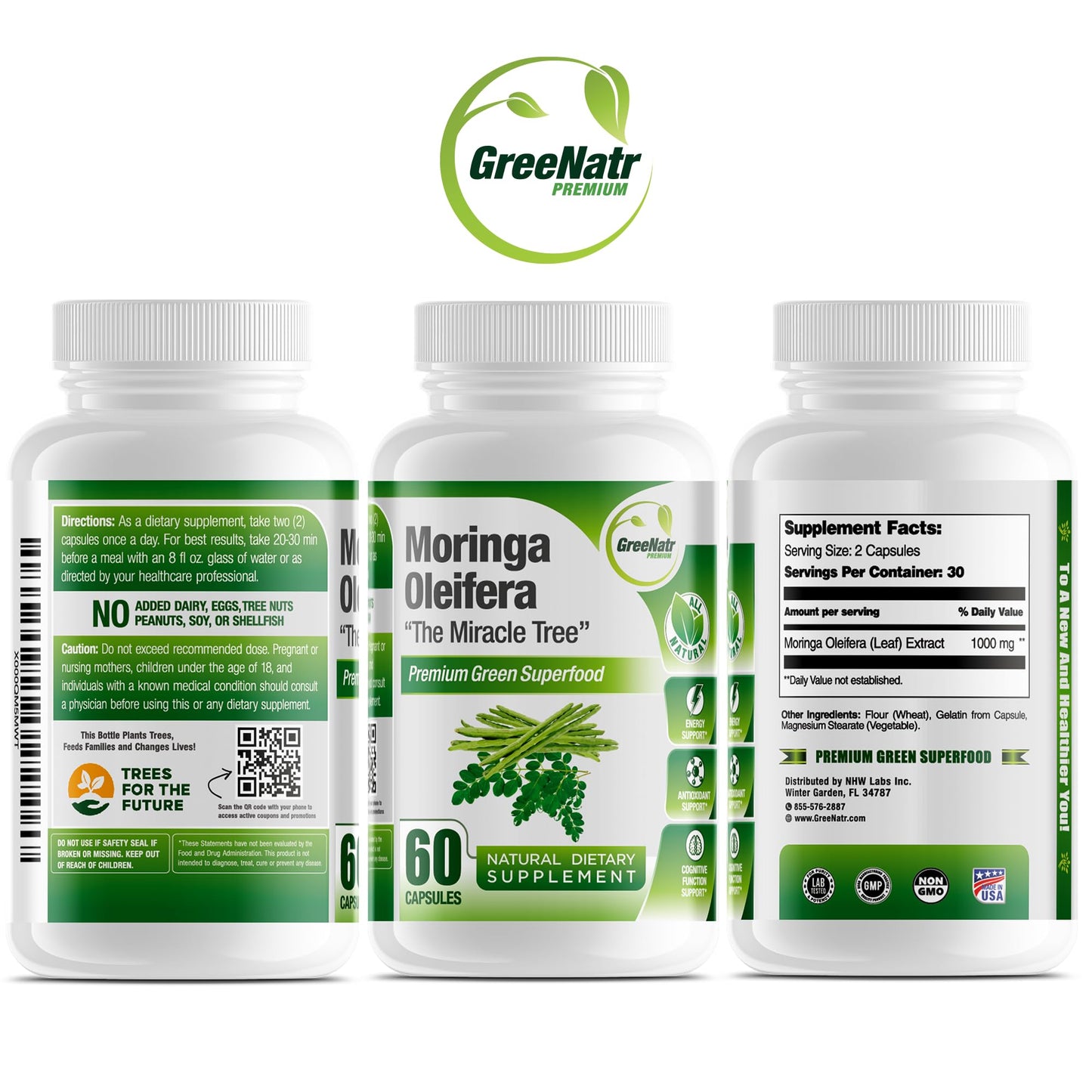 GreeNatr Pure Moringa Oleifera Capsule 1000 mg | Natural Energy & Focus | Premium Green Superfood (3 Bottles)