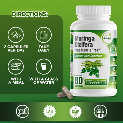 GreeNatr Pure Moringa Oleifera Capsule 1000 mg | Natural Energy & Focus | Premium Green Superfood (3 Bottles)