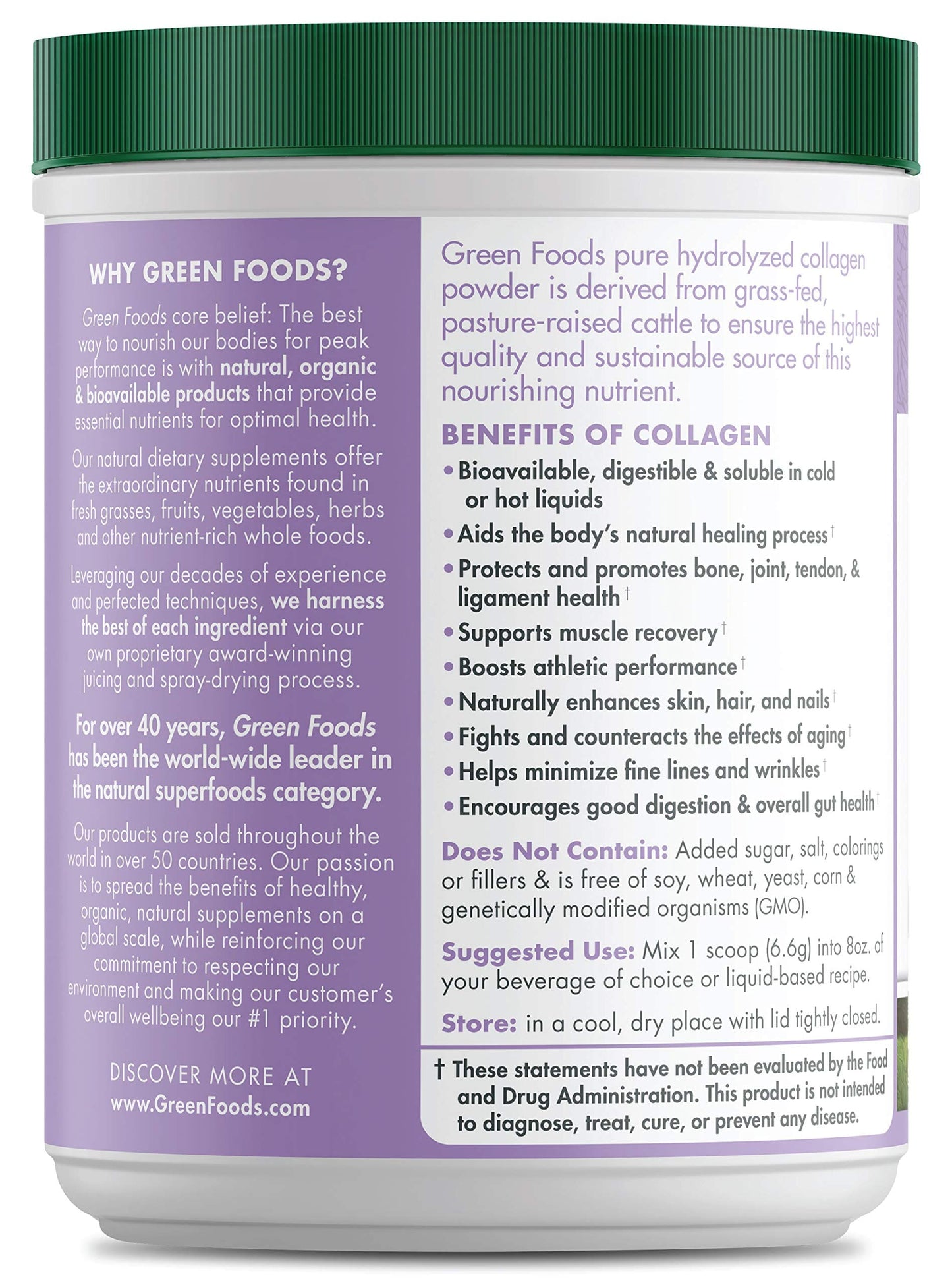 Green Foods Grass-Fed Hydrolyzed Collagen Peptides Protein Powder 7oz | 30 Servings