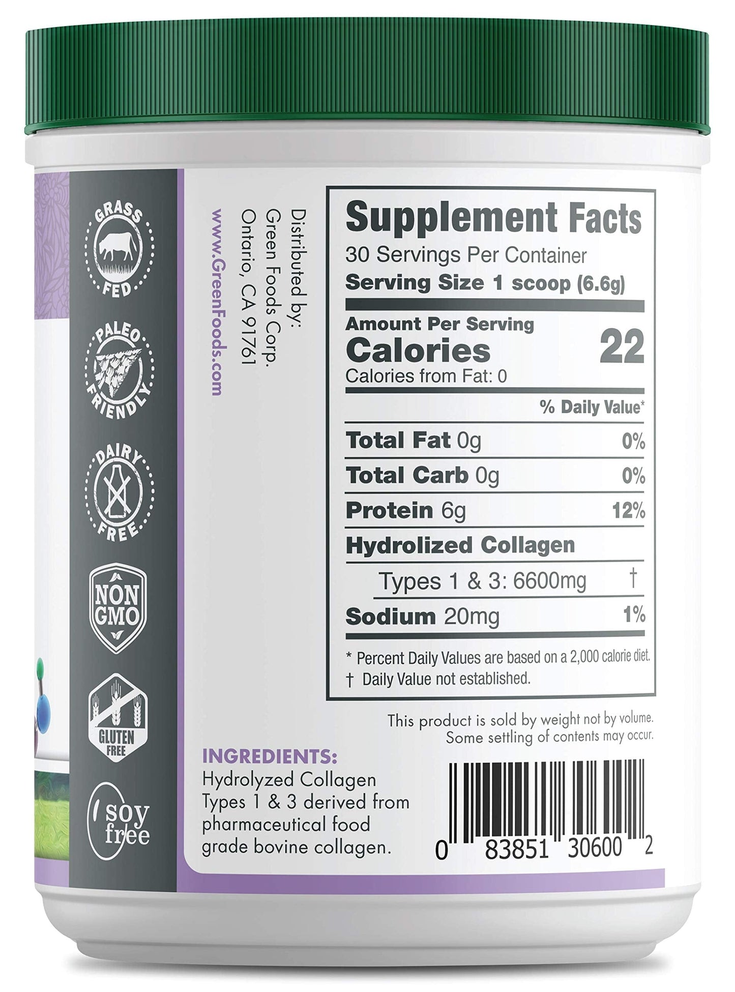 Green Foods Grass-Fed Hydrolyzed Collagen Peptides Protein Powder 7oz | 30 Servings