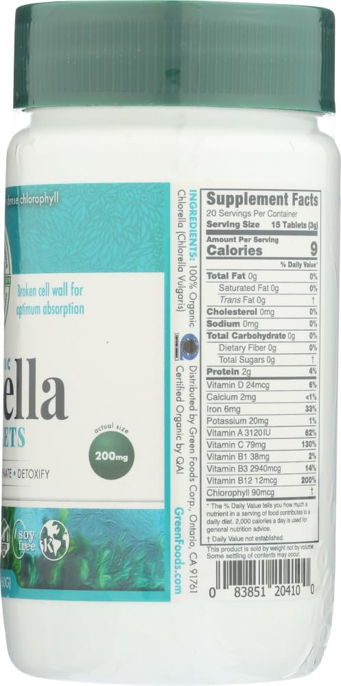 Green Foods Organic Chlorella 200 Mg, 2.1 oz, 300 Count