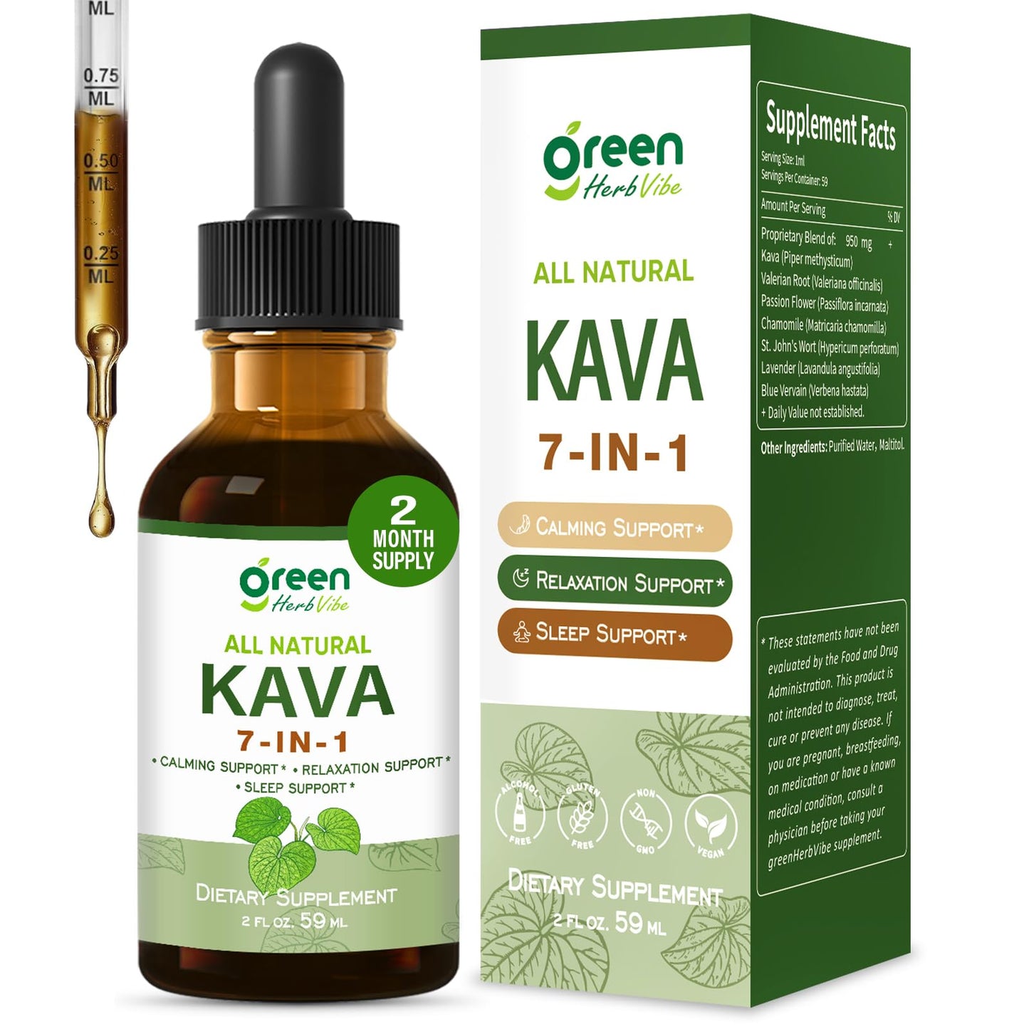 Green Herb Vibe Kava Drops – Relaxation & Sleep Support (60 Days, 2 oz)