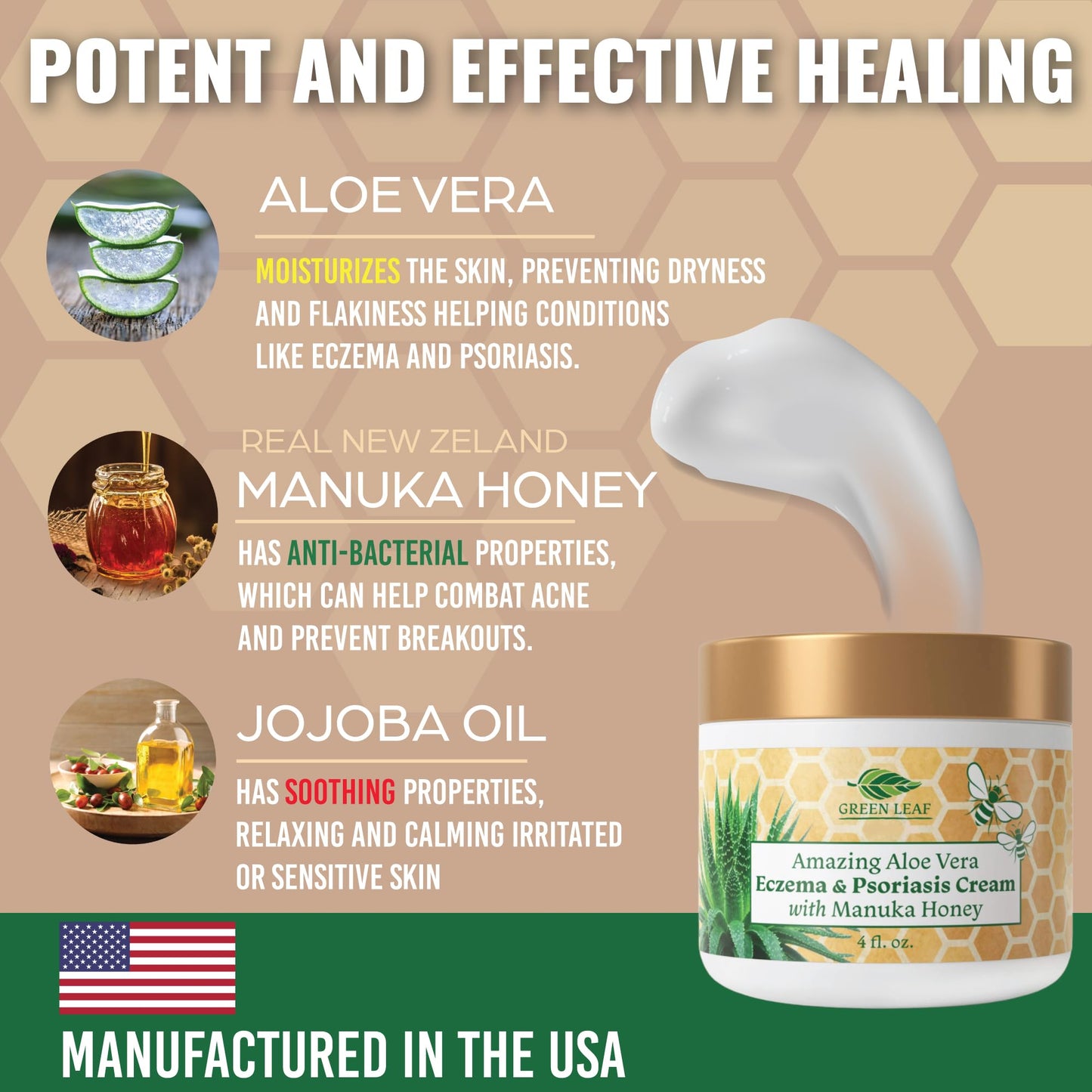 Green Leaf Naturals Manuka Honey Eczema Cream – Moisturizing Lotion for Dry Skin, Psoriasis Relief (16oz)