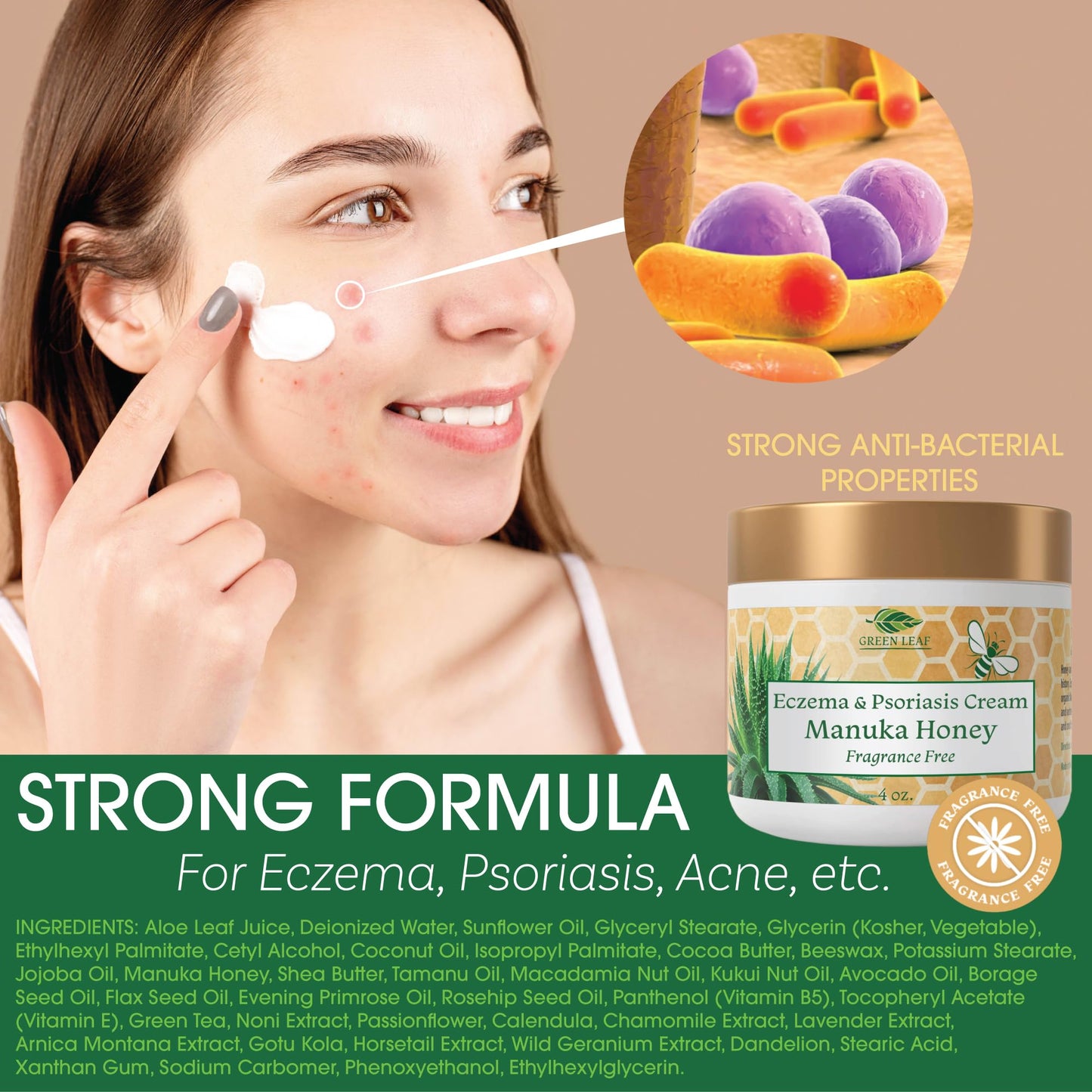 Green Leaf Naturals Manuka Honey Eczema Cream — Fragrance-Free Moisturizer (8oz)