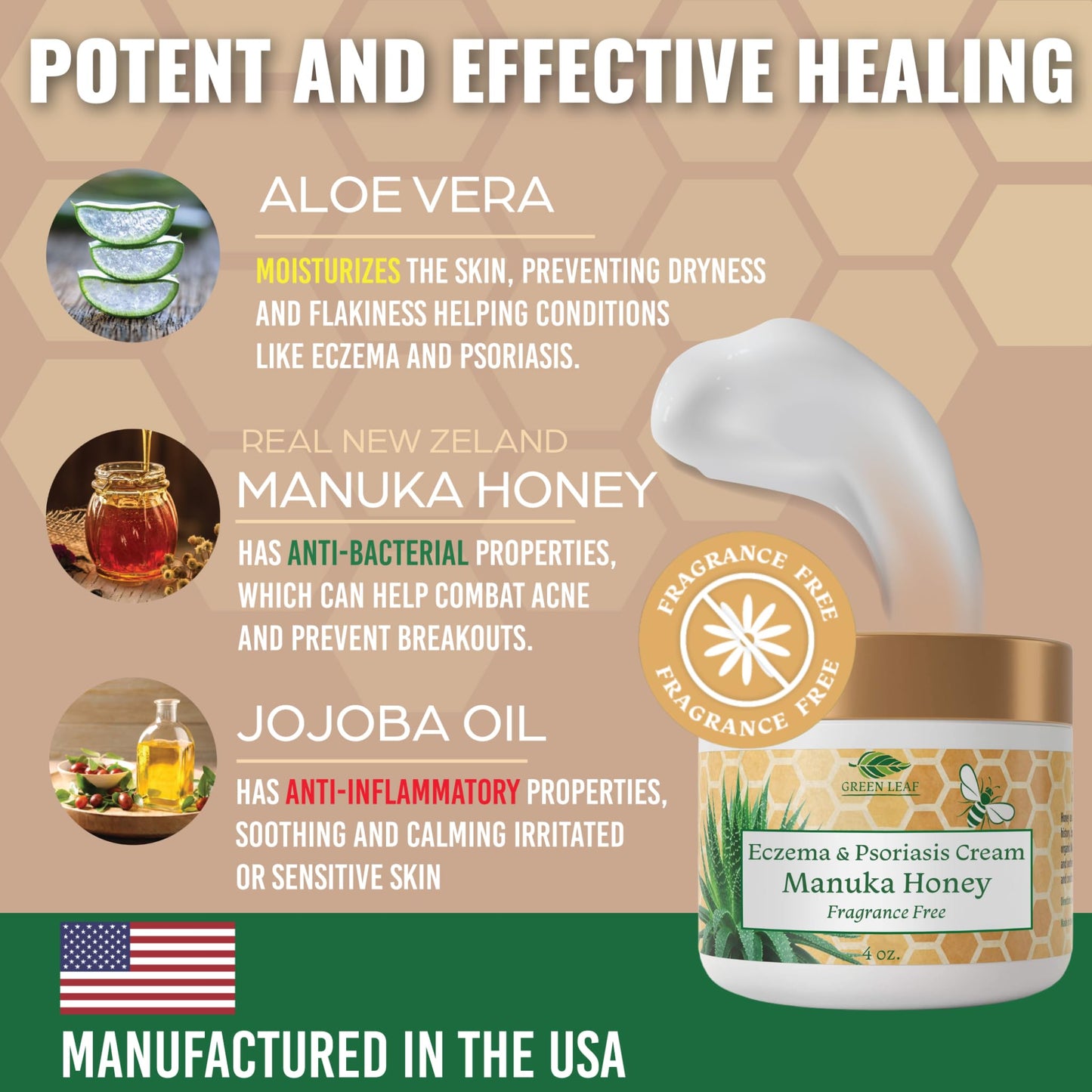Green Leaf Naturals Manuka Honey Eczema Cream – Fragrance-Free Moisturizer for Dry Skin, Eczema & Psoriasis (2oz)