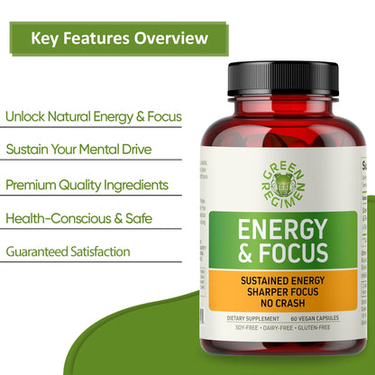 Green Regimen Energy & Focus Capsules - Natural Nootropic Supplement for Sustained Mental Clarity, Enhanced Concentration & Alertness - No Crash, Vegan, Non-GMO - 60 Caps