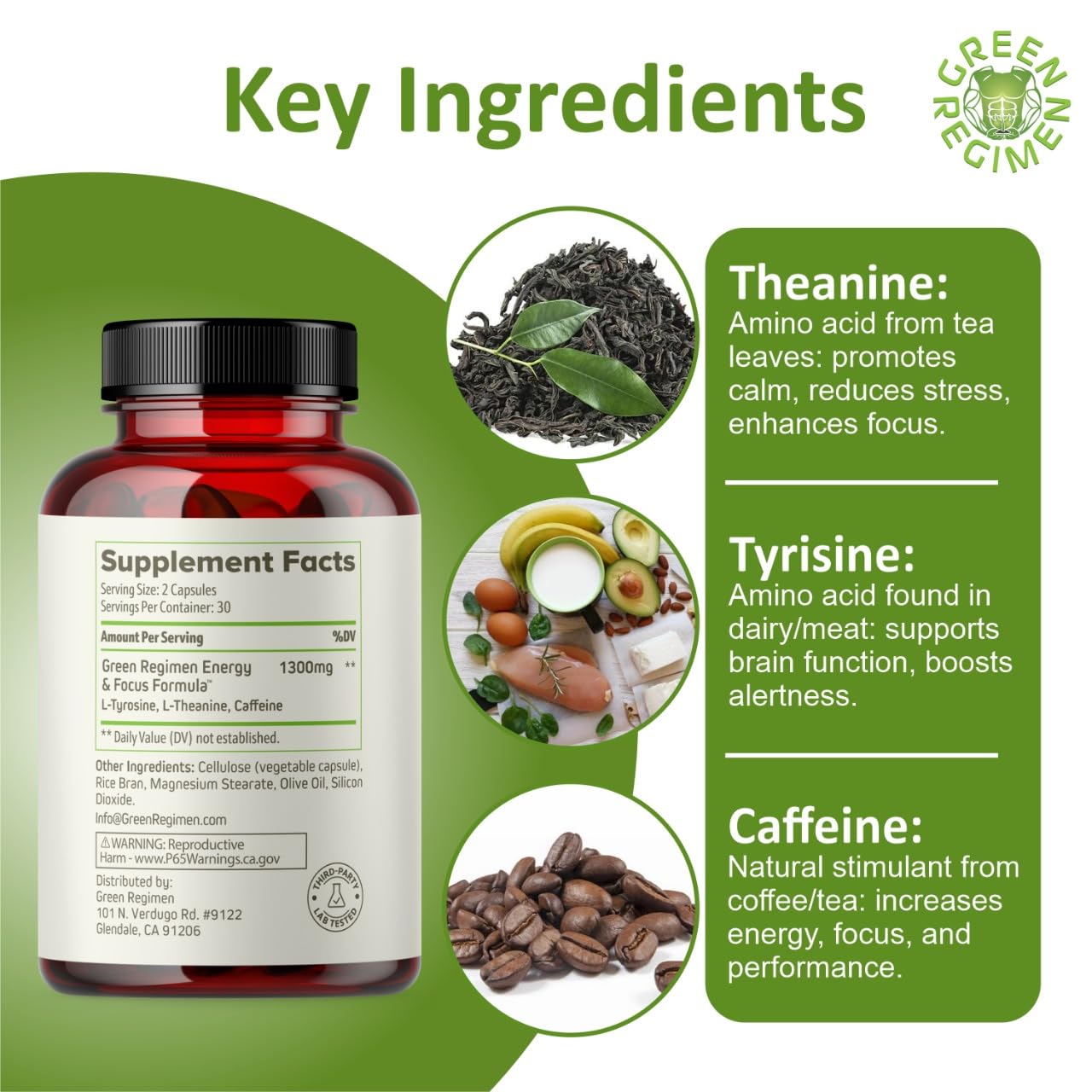 Green Regimen Energy & Focus Capsules - Natural Nootropic Supplement for Sustained Mental Clarity, Enhanced Concentration & Alertness - No Crash, Vegan, Non-GMO - 60 Caps