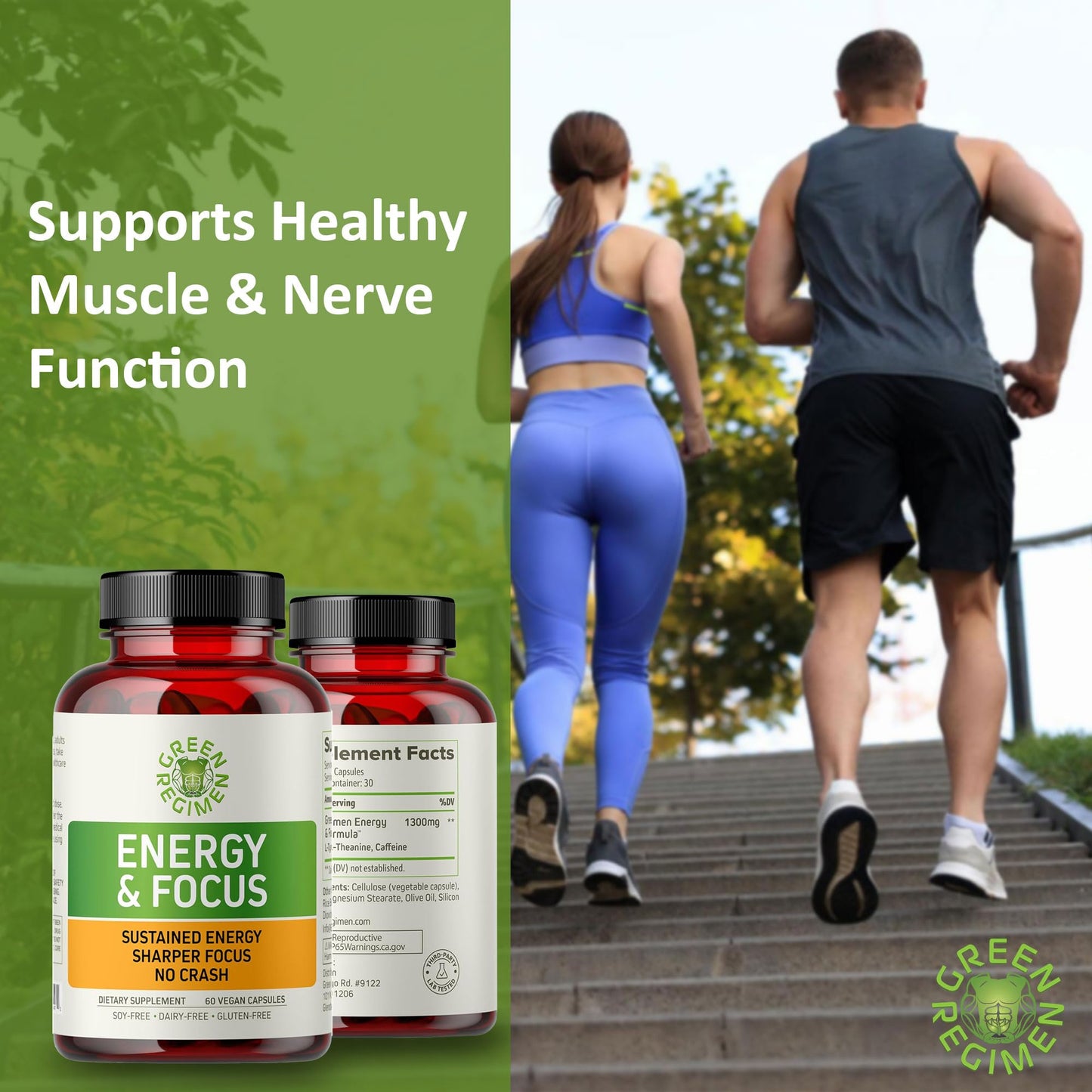 Green Regimen Energy & Focus Capsules - Natural Nootropic Supplement for Sustained Mental Clarity, Enhanced Concentration & Alertness - No Crash, Vegan, Non-GMO - 60 Caps