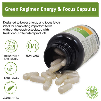 Green Regimen Energy & Focus Capsules - Natural Nootropic Supplement for Sustained Mental Clarity, Enhanced Concentration & Alertness - No Crash, Vegan, Non-GMO - 60 Caps