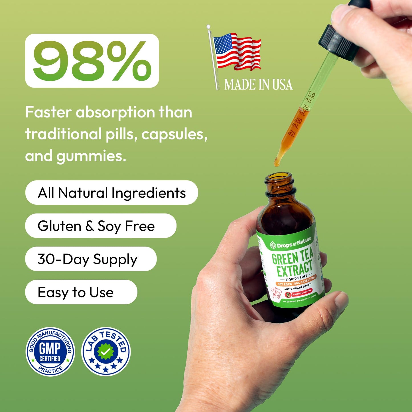 Green Tea 10:1 Extract 50% EGCG Liquid Drops – Vegan Immune & Skin Support