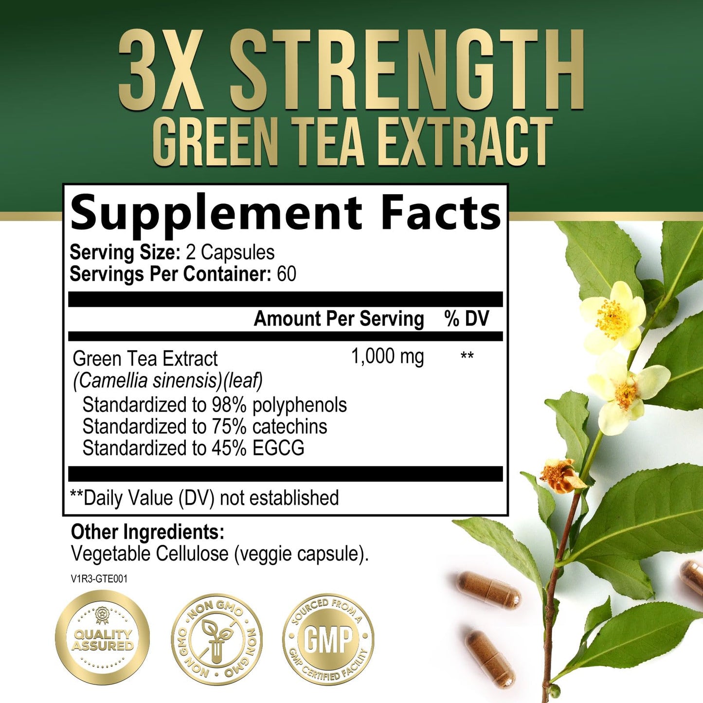 Green Tea Extract Capsules 1000 mg – 3X Strength, 45% EGCG & 98% Polyphenols | 120 Capsules