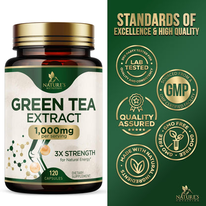 Green Tea Extract Capsules 1000 mg – 3X Strength, 45% EGCG & 98% Polyphenols | 120 Capsules