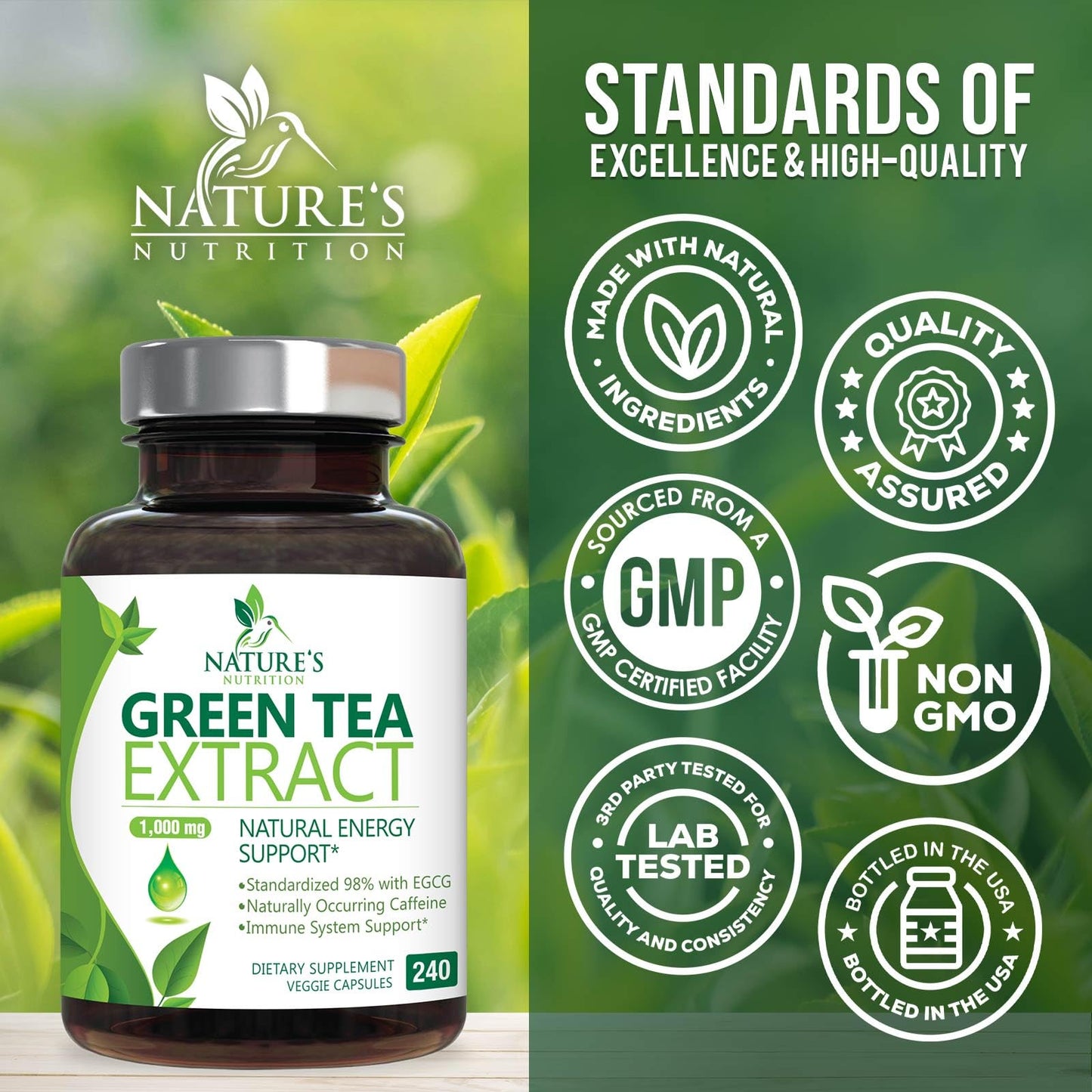 Green Tea Extract Capsules 1000 mg | 45% EGCG & 98% Polyphenols | 3X Strength | Vegan, Non-GMO, 240 Capsules