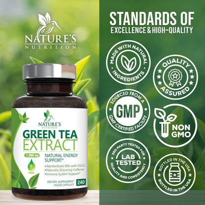 Green Tea Extract Capsules 1000 mg | 45% EGCG & 98% Polyphenols | 3X Strength | Vegan, Non-GMO, 240 Capsules
