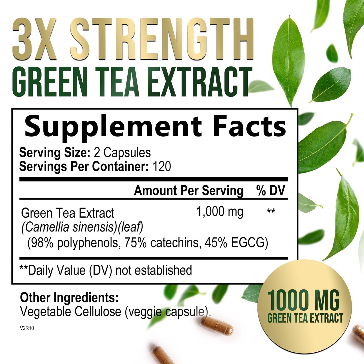 Green Tea Extract Capsules 1000 mg | 45% EGCG & 98% Polyphenols | 3X Strength | Vegan, Non-GMO, 240 Capsules