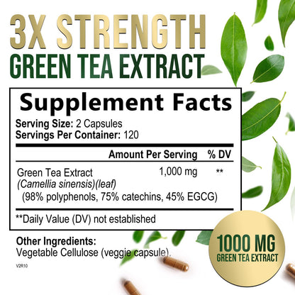 Green Tea Extract Capsules 1000 mg | 45% EGCG & 98% Polyphenols | 3X Strength | Vegan, Non-GMO, 240 Capsules