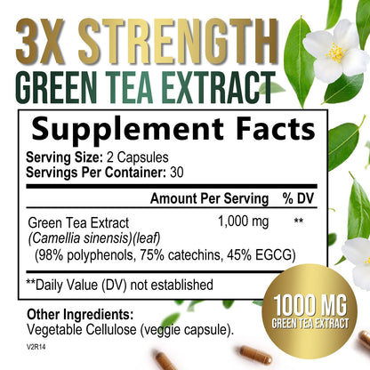 Green Tea Extract Capsules 1000mg - 45% EGCG, 98% Polyphenols | 60 Capsules
