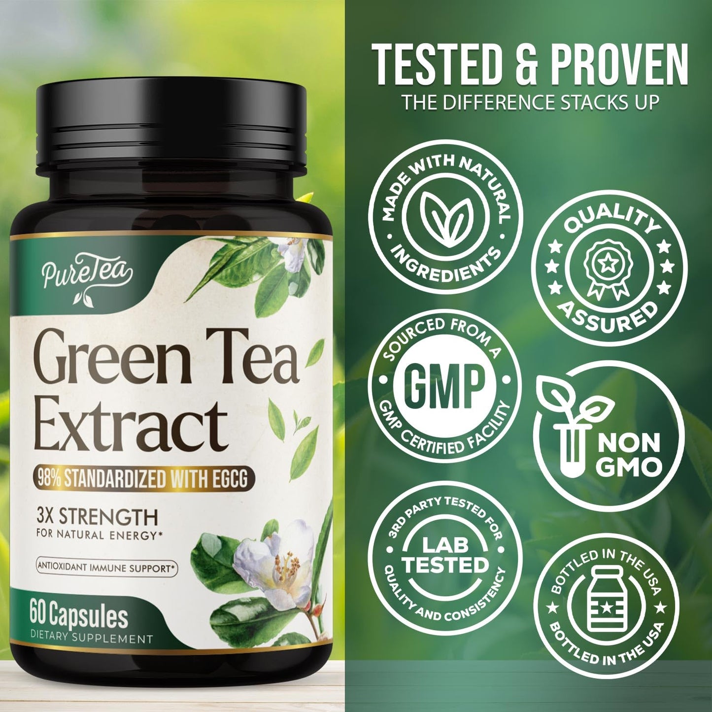 Green Tea Extract Capsules 1000mg - 45% EGCG, 98% Polyphenols | 60 Capsules