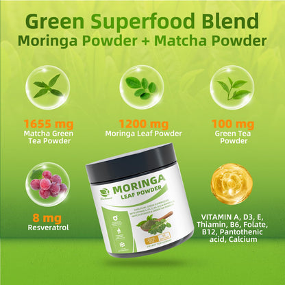 Organic Moringa & Matcha Powder – Multi-Green Superfoods for Energy, Digestion, Antioxidants | 8 oz