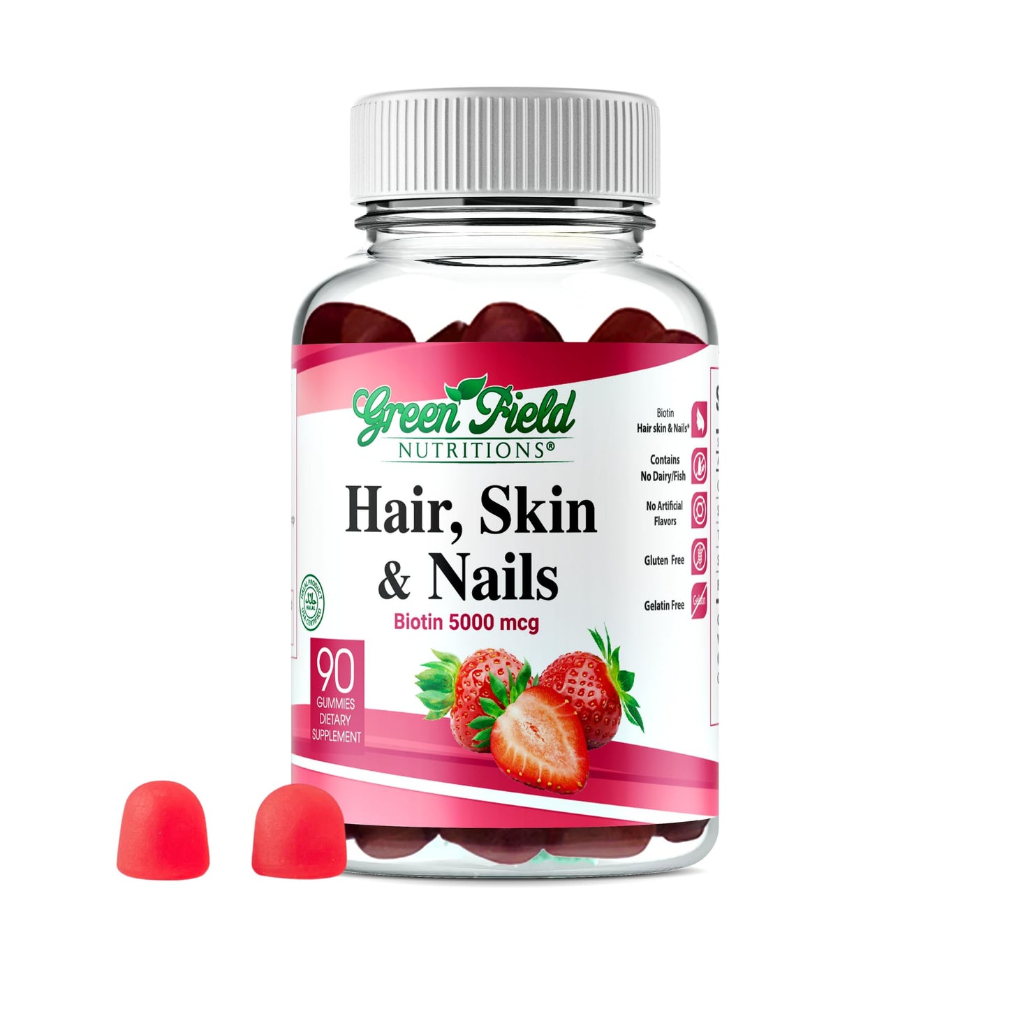 Greenfield Nutrition Halal Biotin Gummies – Hair, Skin & Nails, 5000 mcg per Gummy, 90 Gummies