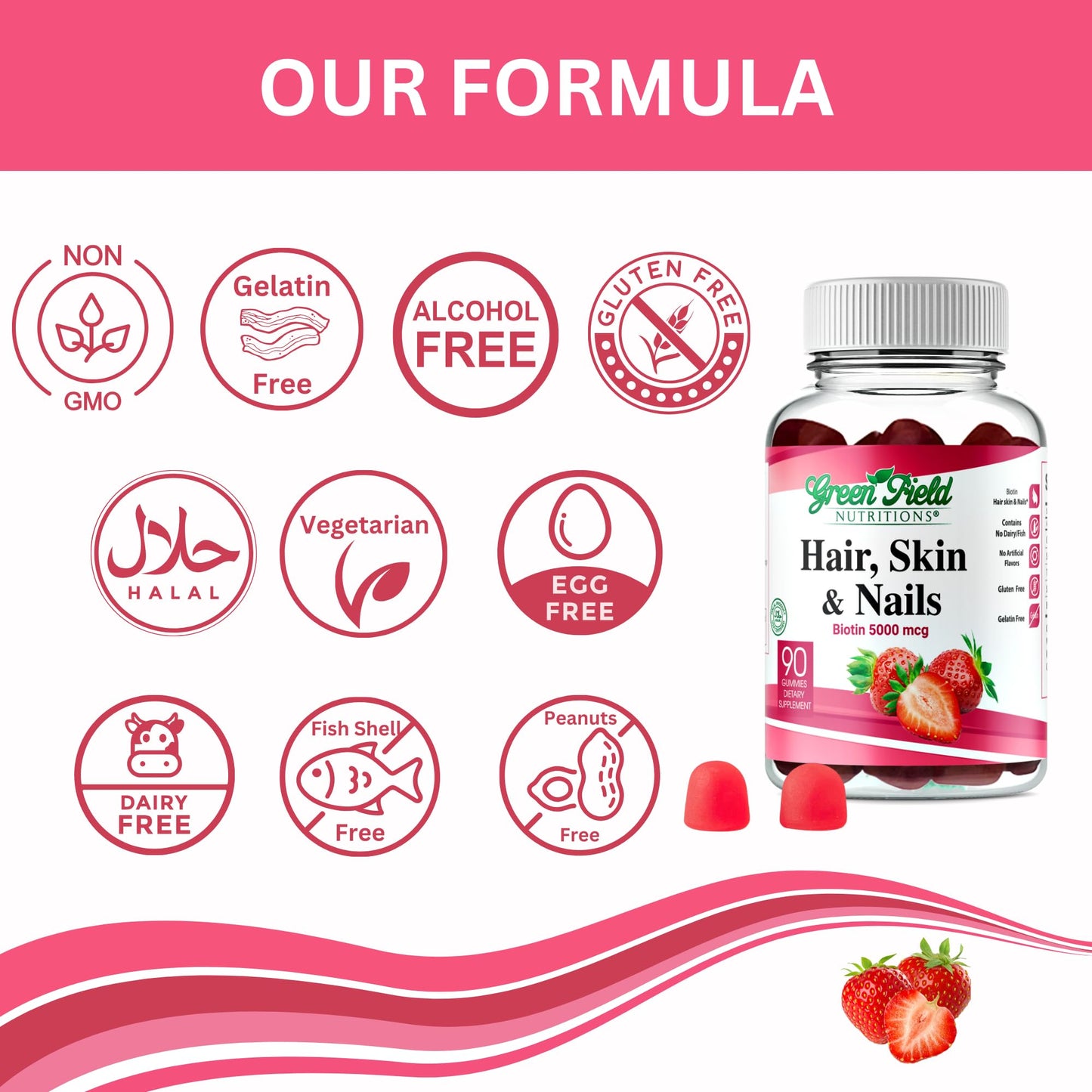 Greenfield Nutrition Halal Biotin Gummies – Hair, Skin & Nails, 5000 mcg per Gummy, 90 Gummies