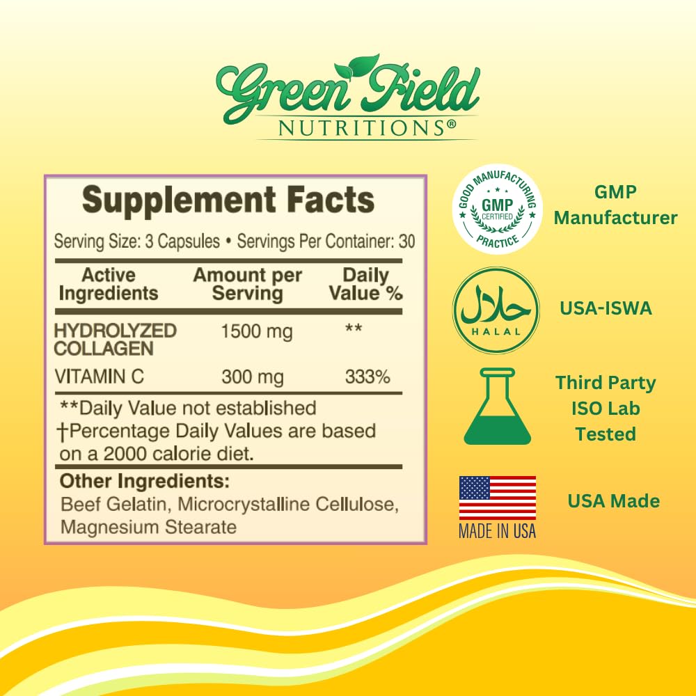 Greenfield Nutritions Halal Collagen Peptides 1500 mg Type I & III + Vitamin C 300 mg | 90 Capsules