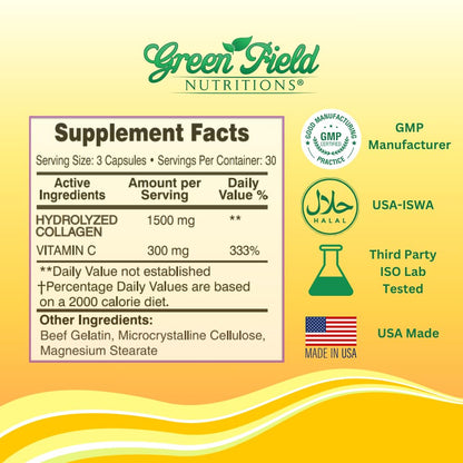 Greenfield Nutritions Halal Collagen Peptides 1500 mg Type I & III + Vitamin C 300 mg | 90 Capsules