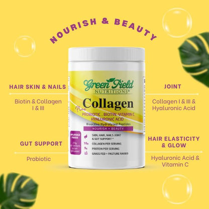 Greenfield Nutritions Halal Collagen Peptides Powder – 9g Protein, Probiotic, Biotin, Hyaluronic Acid & Vitamin C (270g)
