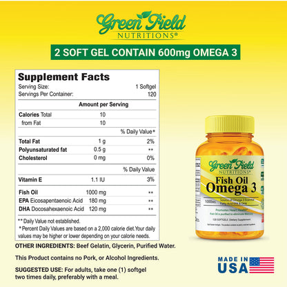 Greenfield Nutritions Halal Fish Oil 1000mg - Omega-3 300mg per Softgel, EPA 180mg & DHA 120mg, 120 Pills