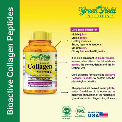 Greenfield Nutritions Halal Collagen Peptides 1500 mg Type I & III + Vitamin C 300 mg | 90 Capsules
