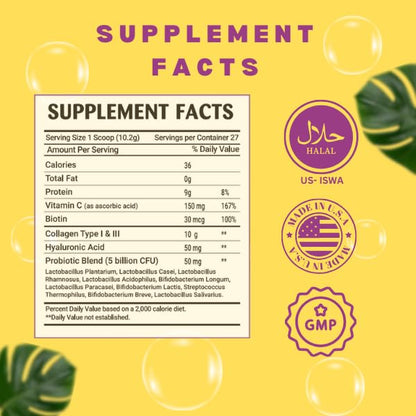 Greenfield Nutritions Halal Collagen Peptides Powder – 9g Protein, Probiotic, Biotin, Hyaluronic Acid & Vitamin C (270g)