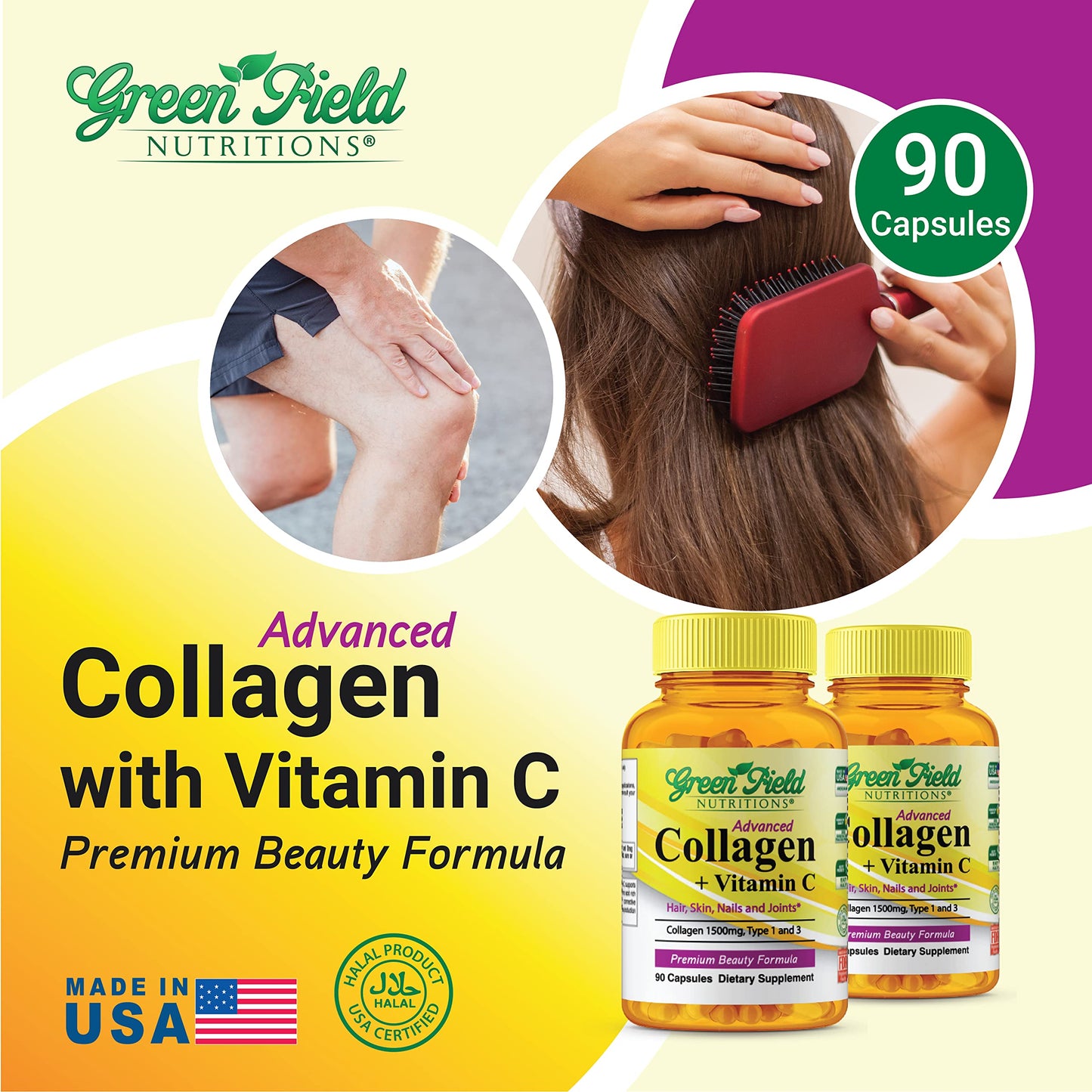 Greenfield Nutritions Halal Collagen Peptides 1500 mg Type I & III + Vitamin C 300 mg | 90 Capsules