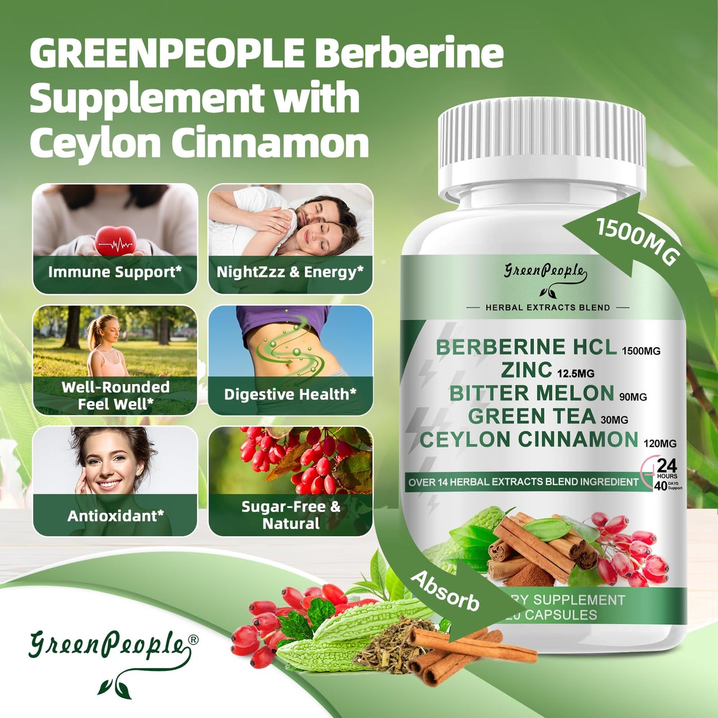 GREENPEOPLE Berberine 1500mg Liposomal - 120 Capsules | Immune Support & Energy